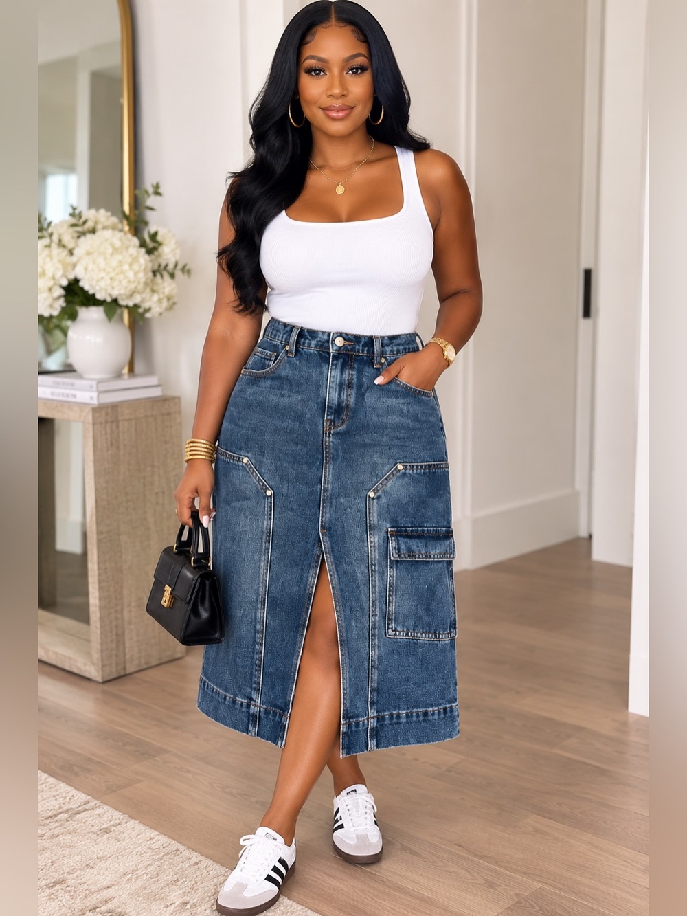 Women’s Classic Denim Cargo Midi Skirt - Blue
